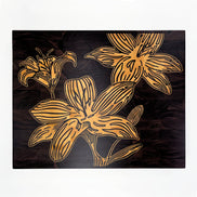 A square decorative cutting board art piece featuring stylized maple wood lily flowers on black walnut wood board, shown against a plain white background.